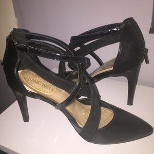 Nine West black heels with straps across the front
